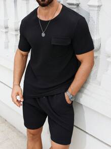 Manfinity Homme Men's Casual Solid Color Short Sleeve T-Shirt And Shorts Set, Summer Casual Two Pieces Set Men's Men T Shirt Co Ords