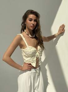 Aloruh New Arrival Spring/Summer Resort Lace-Up Textured White Blouse For Women - White - View 7