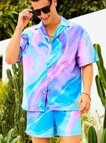Manfinity Swimmode Camisa de Manga Curta com Estampa Tie Dye e Shorts, Traje de Praia Havaiano, para Homens