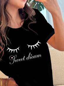 SHEIN Pijama informal minimalista de manga corta y pantalón corto con estampado de pestañas y letras de dibujos animados para adolescentes, adecuado para primavera/verano