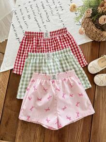 LMoss Kids Conjunto de 1 + 3 para niña, compuesto por pantalones cortos integrados con parche, lazo y estampado de letras, adecuado para el hogar, salidas, deportes y compras