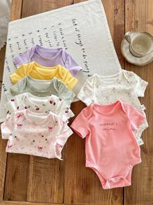 SHEIN LMoss Kids 7 قطع طقم رومبير أطفال حديثي الولادة بنات صيفي بطبعات كرتونية جميلة أكمام قصيرة مstriكة