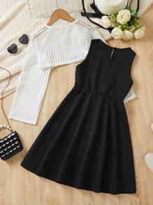 SHEIN 2 Bộ trang phục Xuân/Hè đồng màu dành cho các cô gái tuổi Tween - Áo crop top dài tay và váy không tay có đường viền cổ tròn - Đen và trắng - Xem 2