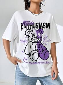 SHEIN EZwear 休闲街头图案字母和卡通熊印花宽松落肩短袖T恤女款，适合夏季 - 白色 - 查看 4