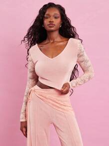 NYA SZN Top Festival Lace Long Sleeve V Neck Summer Top Casual Loungewear Coquette Chic Vacation Easter Lace Western Music Festival Modest Dressing Statement Festival Outfits For Women - Pink - View 3