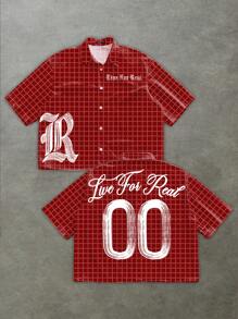 Manfinity Roghcode Áo sơ mi cài nút cổ bẻ họa tiết ô vuông Graffiti vẽ tay theo phong cách Gothic giản dị - Đỏ - Xem 1