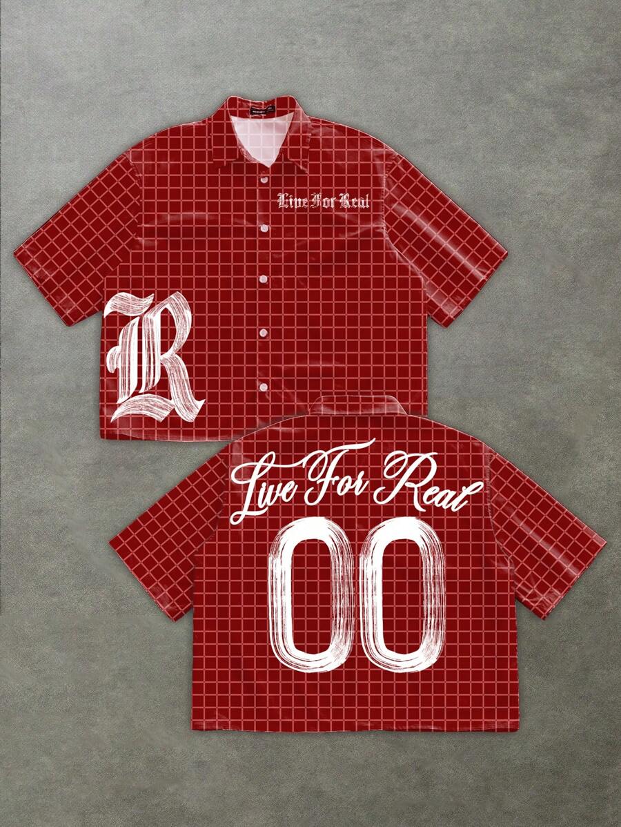 Manfinity Roghcode Áo sơ mi cài nút cổ bẻ họa tiết ô vuông Graffiti vẽ tay theo phong cách Gothic giản dị - Đỏ - Xem 1