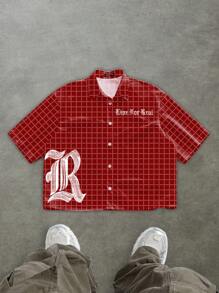 Manfinity Roghcode Áo sơ mi cài nút cổ bẻ họa tiết ô vuông Graffiti vẽ tay theo phong cách Gothic giản dị - Đỏ - Xem 6