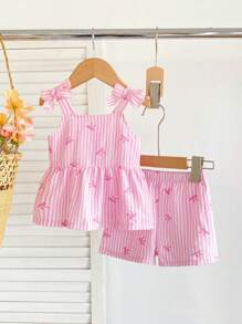 SHEIN Vintaside Kids 2 Pcs Baby Girl Toddler/Newborn 0-3Y Casual Daily Cute Vacation Striped Bow Tank Top + Shorts Set, Spring/Summer - Pink - View 10