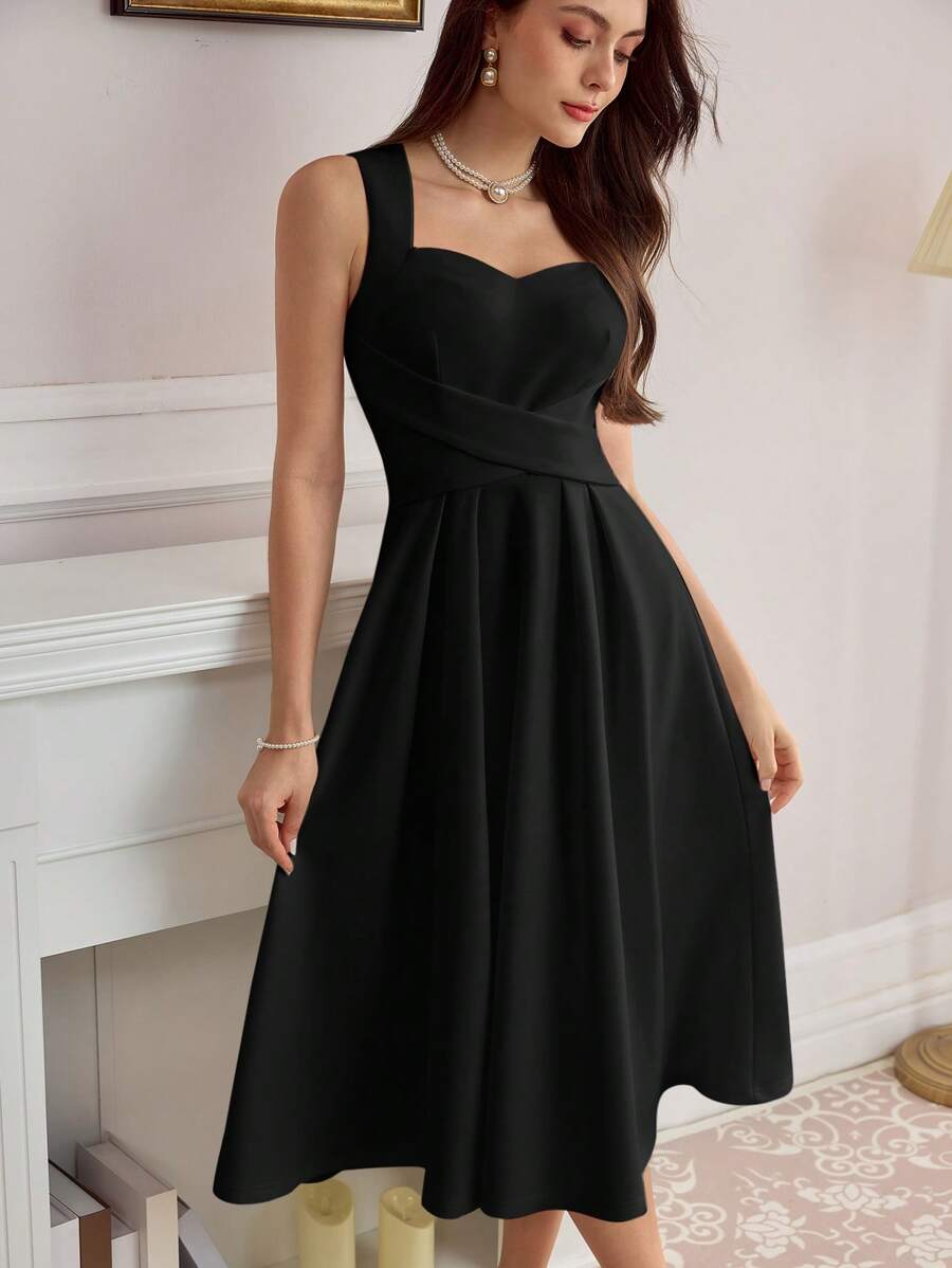 Vintamour Vestido de fiesta de graduación de línea A con cuello cruzado, elegante negro sin mangas y corazón vintage para mujer, vestido de regreso a casa de otoño - Negro - Ver 1