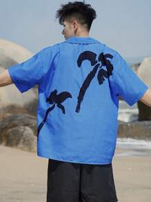 DAZY Summer Blue Coconut Palm Floral Pattern Beach Casual Shirt For Men - Blue - View 2