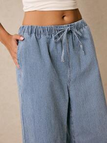 Poéselle 女士牛仔裤 条纹牛仔裤 带口袋 腰带阔腿牛仔裤 女士条纹印花系带牛仔裤 女士裤子 波西米亚风夏季 Y2k 下装 音乐会节 - 中等水洗藍 - 查看 1