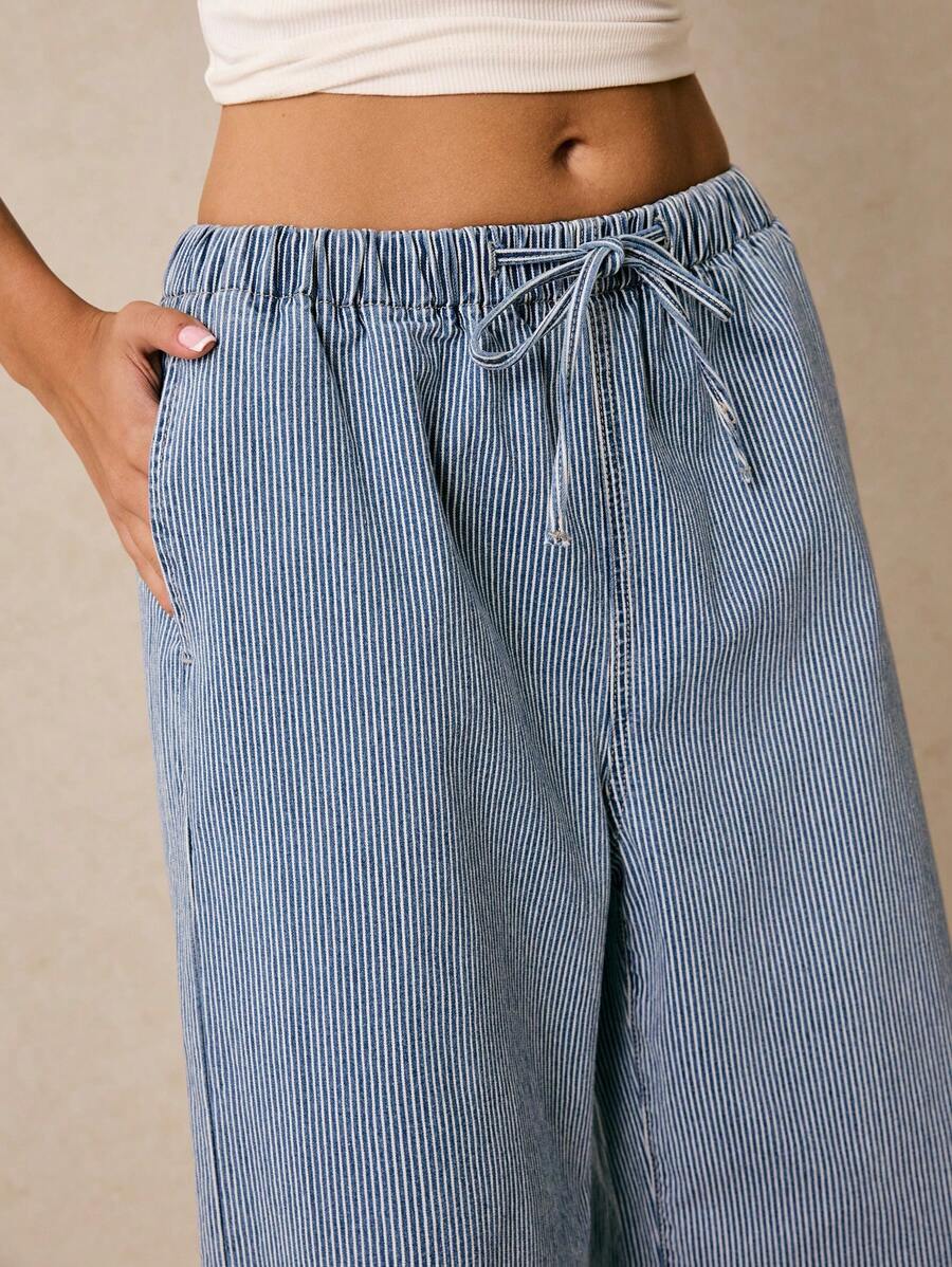 Poéselle 女士牛仔裤 条纹牛仔裤 带口袋 腰带阔腿牛仔裤 女士条纹印花系带牛仔裤 女士裤子 波西米亚风夏季 Y2k 下装 音乐会节 - 中等水洗藍 - 查看 1