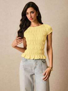 Poéselle 女式纯色圆领荷叶边下摆休闲短袖短款衬衫