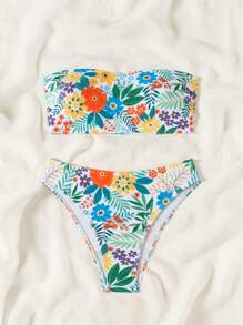 SHEIN Swim Summer Beach Floral Print Bandeau Bikini Set - Multicolor - View 3