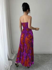 Elenzga Vestido plisado de impresión completa con cintura ajustada tipo bandeau - Morado - Ver 2