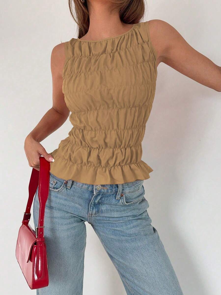 Roylia Summer Women Solid Color Crew Neck Ruched Sleeveless Tank Top - Khaki - View 1