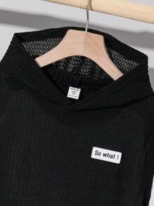 SHEIN Leap Crew 2pcs Tween Boys Casual Solid Color Contrast Patchwork Waffle Hooded Short Sleeve T-Shirt And Elastic Waist Shorts Set, Suitable For Autumn, Spring, Summer, Outdoor Play, School, Streetwear, Party And Leisure - Black - View 3