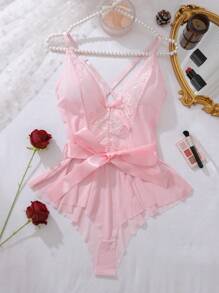 PetitDoll Contrast Lace Bow Front Ruffle Hem Belted Teddy Bodysuit Lingerie - Pink - View 6