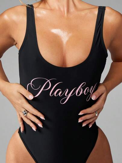 Missguided x Playboy Classic Designer Logo One Piece Monokini Swimsuit High Cut Swimwear Summer Beach Pool Bathing Suit Resort Vacation Wear