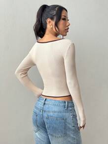 SHEIN PETITE Short Petite Colorblock Heart Collar Long Sleeve Ribbed Casual Knit Knit Pullover Fall Winter - Apricot - View 2