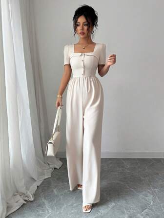 Lyxana Women's Summer New Square Neck Jumpsuit, Solid Color