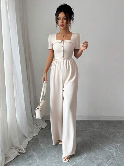 Lyxana Women's Summer New Square Neck Jumpsuit, Solid Color