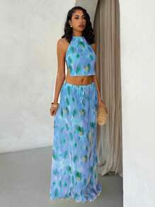 Glamine Bộ đồ hai mảnh hở lưng xếp li họa tiết trừu tượng mùa xuân và mùa hè gợi cảm cho kỳ nghỉ - Màu xanh lam - Xem 4