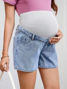 SHEIN Shorts vaqueros casuales para maternidad con cintura ajustable, bordado de lazo