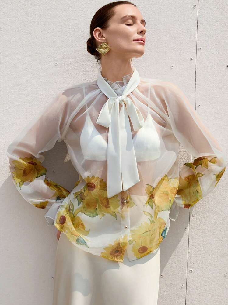 SHEIN Privé Áo cánh rộng hở lưng in họa tiết hoa cổ điển thanh lịch cho kỳ nghỉ bãi biển bằng vải chiffon gợi cảm cho nữ - Nhiều màu - Xem 1