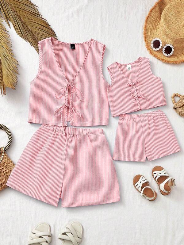 SHEIN Conjunto de colete e shorts listrados combinando para mamãe e eu, verão, para meninas, para férias