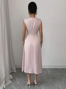 Elenzga Romantic Elegant Draped A-Line Midi Dress - Pink - View 2