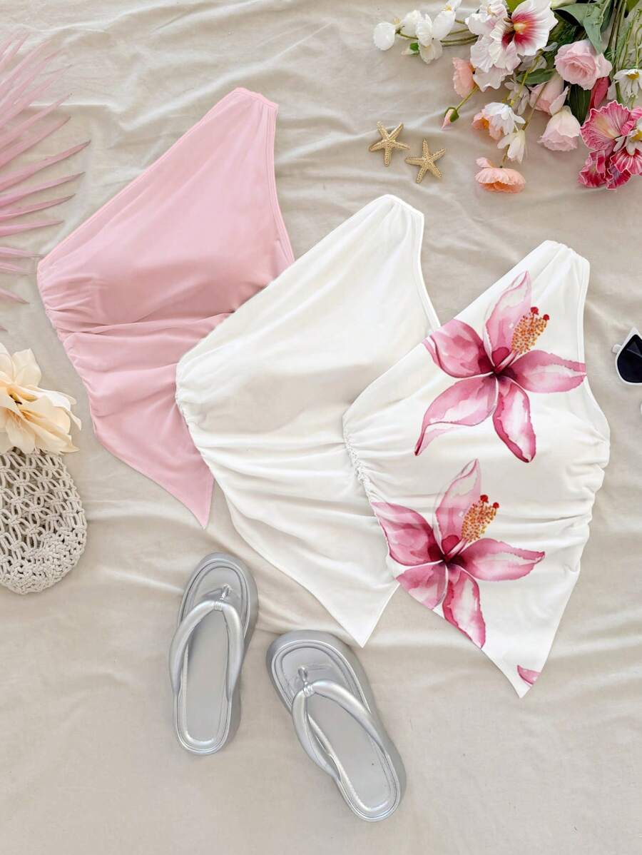 Soleia 3 件套女士休闲褶饰不对称下摆修身上衣套装，花卉印花，适合夏季、度假、春假、椰子女孩、女孩旅行、音乐节，适合外出 - 彩色 - 查看 1