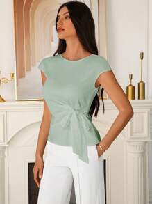 Modelyn Women's Solid Color Round Neck Knot Elegant Work Blouse For Summer - Green - View 3
