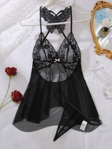 SHEIN Contrast Lace Mesh Babydoll Sexy Lingerie Dress With Thong - Black - View 6