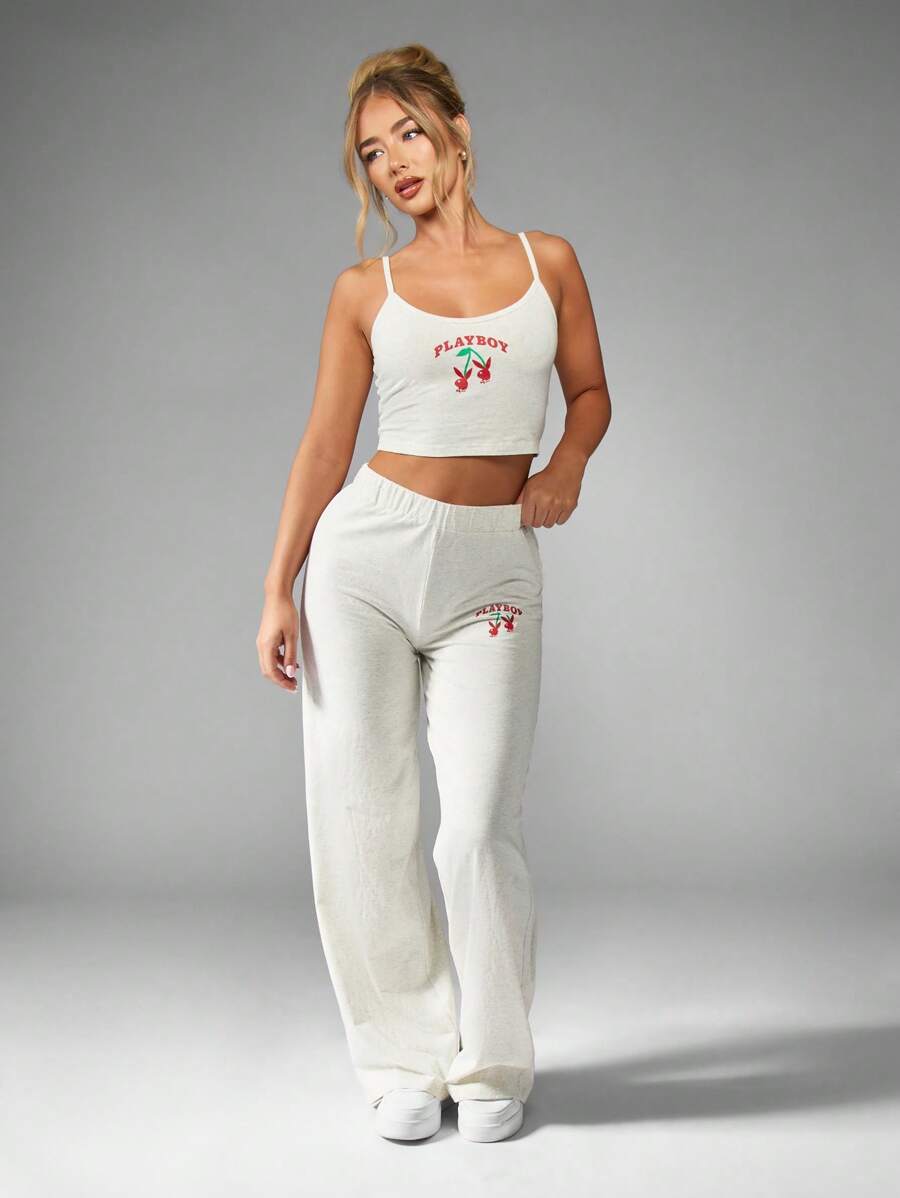 Missguided x Playboy Christmas Cotton Blend Sleeveless Cherry Print Pajama Set - Light Grey - View 1