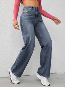 SHEIN ICON 大码高街阔腿牛仔裤，街头风格 - 深色水洗藍 - 查看 5