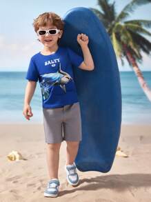 Shark Week X SHEIN 小男孩休闲度假鲨鱼与字母图案短袖 T 恤，夏季 - 藍色 - 查看 1