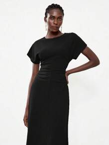 Lumivelle Round Neck Batwing Sleeve Ruched Women Dress - Black - View 3