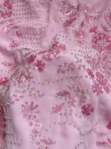 SHEIN EZwear 夏季串珠亮片花卉图案上衣 夏季晚会俱乐部荷叶边闪亮吊带背心 - 粉色 - 查看 8