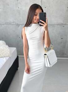 SHEIN Serisse Kids Váy xếp ly bên hông không tay cổ đứng màu trắng trơn đơn giản cho bé gái tuổi mới lớn - trắng - Xem 9