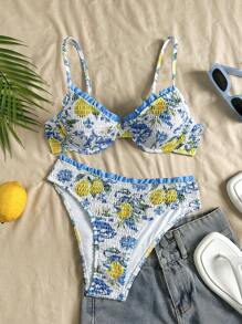 Swim Mod 全新夏季海滩女式随机印花荷叶边细肩带钢圈比基尼上衣，荷叶边褶皱泳裤，夏季女式两件套比基尼套装