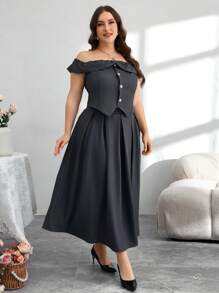 Modelyn Conjunto de 2 piezas de talla grande con hombros descubiertos, estilo romántico para primavera/verano - Gris Oscuro - Ver 5