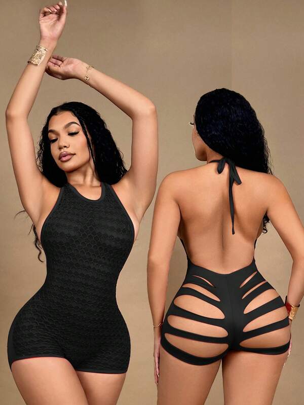 SHEIN SXY Women's Solid Color Deep V Neck Open Back Tie Up Cutout Sexy Romper Shorts