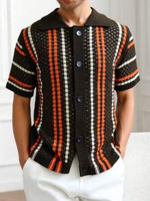 Manfinity CityGents Men's Contrast Striped Hollow-Out Knit Sweater Men's Knitted Shirts - Coffee Brown - View 3