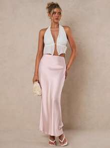 Glamine Women Solid Color High Waist Mermaid Hem Elegant Fashion Skirt,Women Skirt Birthday, Maxi Skirts For Women, Women Skirts Birthday, Women Summer Clothing,Purple Satin Elegant Maxi Skirt - Baby Pink - View 4