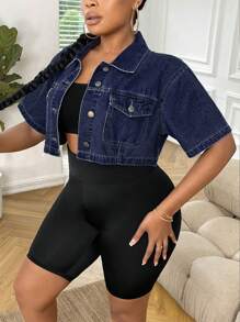 SHEIN CURVE+ 女式加大码牛仔蓝色翻领短袖短款夹克 - 深色水洗藍 - 查看 3