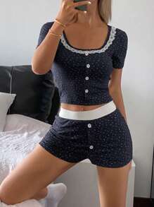 DAZY 碎花撞色修身短袖短裤女式睡衣套装