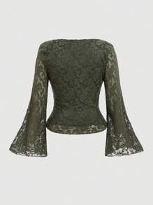 SHEIN MOD 橄榄绿色褶皱方领大码女式长款喇叭袖 T 恤 - 軍綠色 - 查看 2