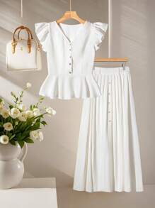 Franclia 两件套女士缎面纯色修身套头衫，深V领，短袖，荷叶边下摆，金属纽扣，收腰设计，褶裥，超A字版型，适合派对、宴会、度假、婚礼、办公等场合，风格优雅、性感、奢华、简约、专业知性、通勤、休闲、浪漫，春夏常规款上衣，常规款褶裥半裙，常规款两件套，适合大学校园穿着。